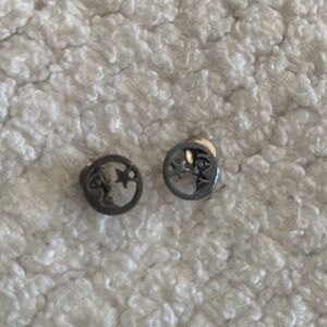 Moon and Star Stud Earrings - Silver Tone